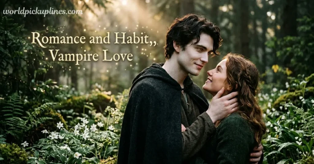 A pale man in a hooded cloak embracing a woman in a lush, green forest with text reading "Romance and Habit,, Vampire Love."