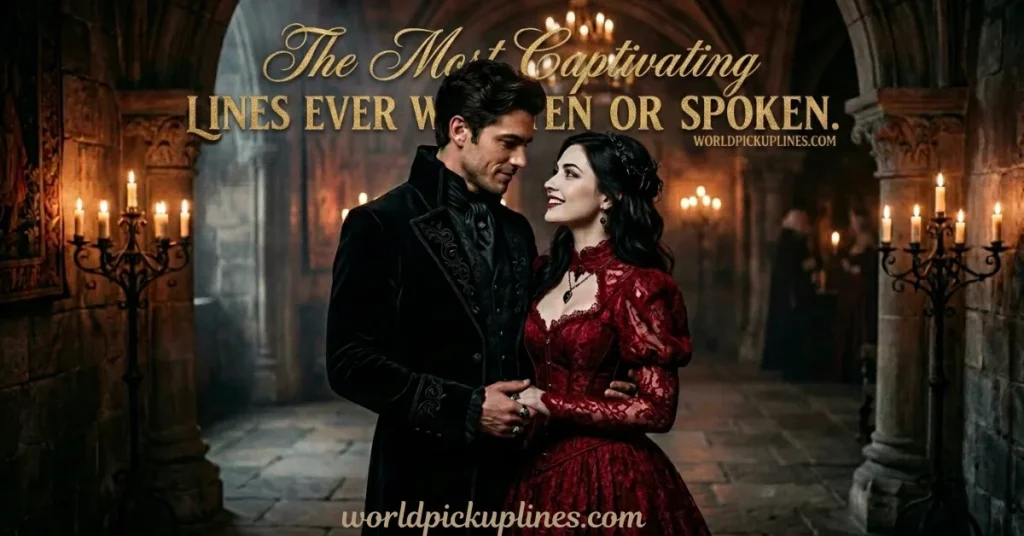 A romantic vampire couple in Victorian attire holding hands inside a candlelit stone hall, with golden overlay text reading "The Most Captivating Lines Ever Written Or Spoken."