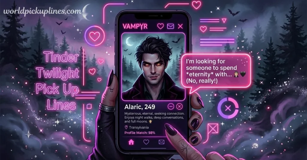 Hand holding a smartphone displaying a vampire dating profile for "Alaric, 249" on a neon-lit, dark forest background with text reading "Cute Twilight Pick Up Lines."