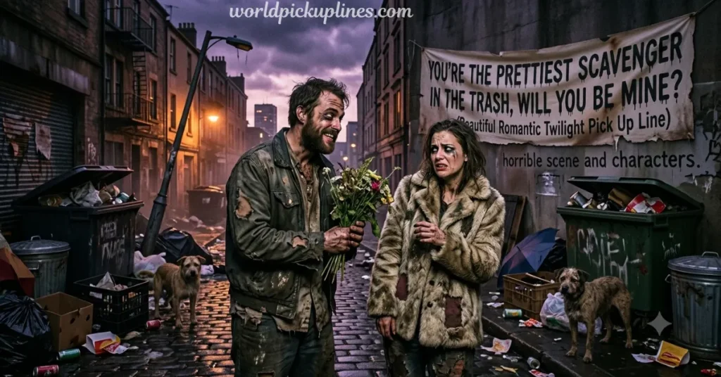 A man handing flowers to a woman in a gritty, trash-strewn alley beneath a banner reading "You're the prettiest scavenger in the trash, will you be mine?"