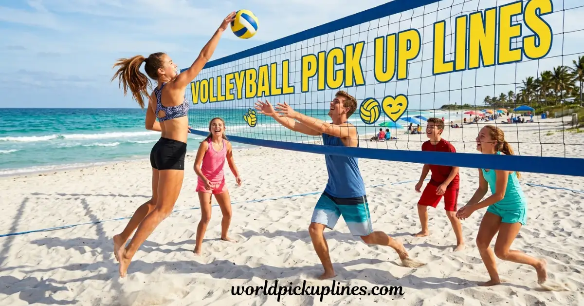 People playing beach volleyball on a sunny ocean beach beneath large yellow text reading "VOLLEYBALL PICK UP LINES."