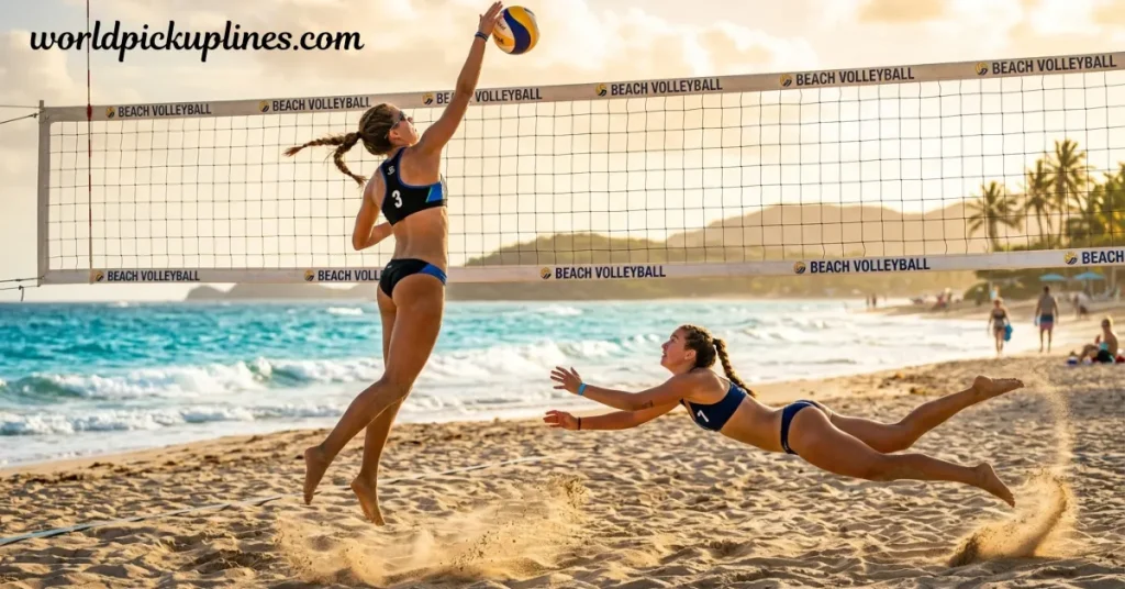 Two women playing beach volleyball on a sunny ocean shore, with one player jumping to hit the ball and the other diving onto the sand to save it near the net.