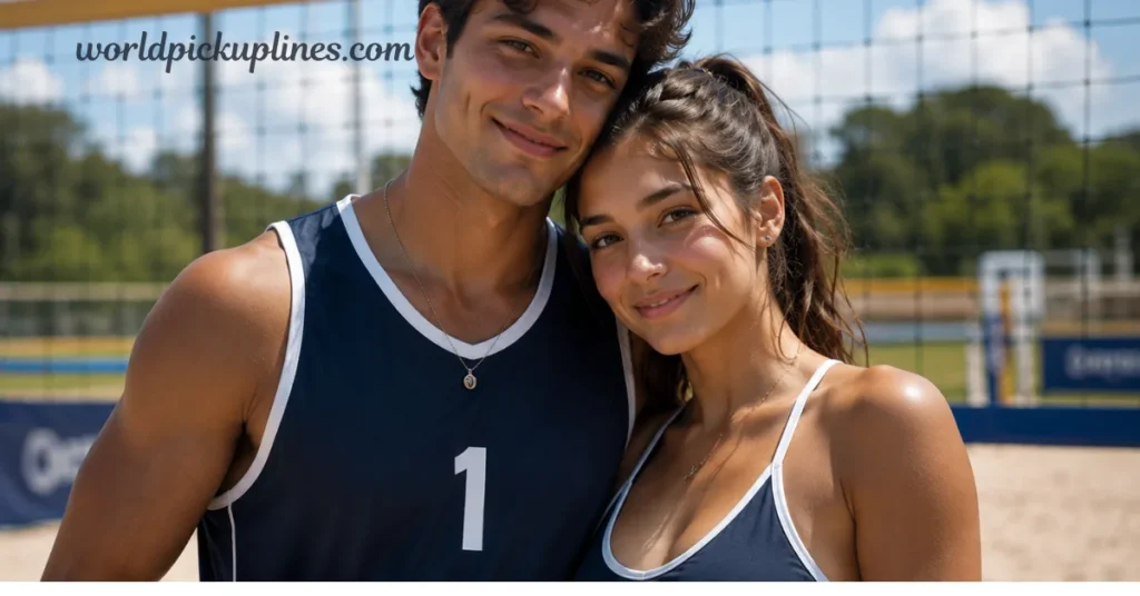 A young couple in matching athletic wear leaning head-to-head and smiling next to a volleyball net.