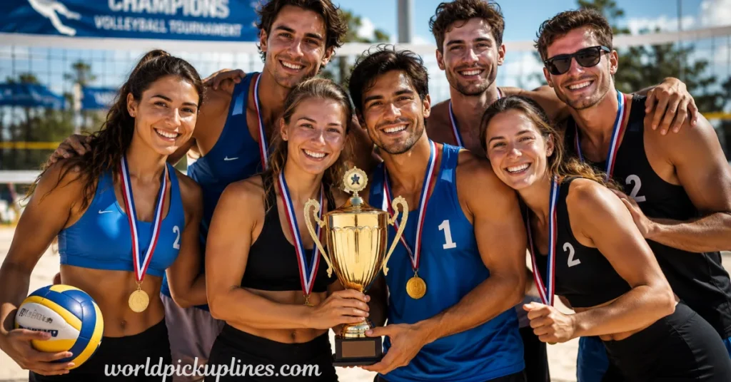 A smiling co-ed beach volleyball team wearing medals and posing with a gold championship trophy on a sandy court.