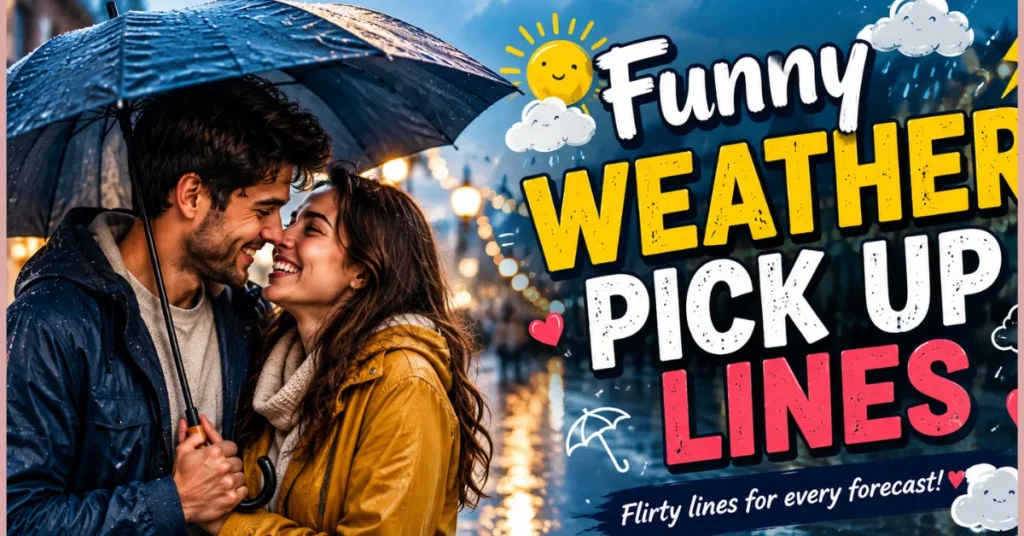 A smiling couple sharing a black umbrella on a rainy city street at night next to bold text that reads "Funny WEATHER PICK UP LINES."
