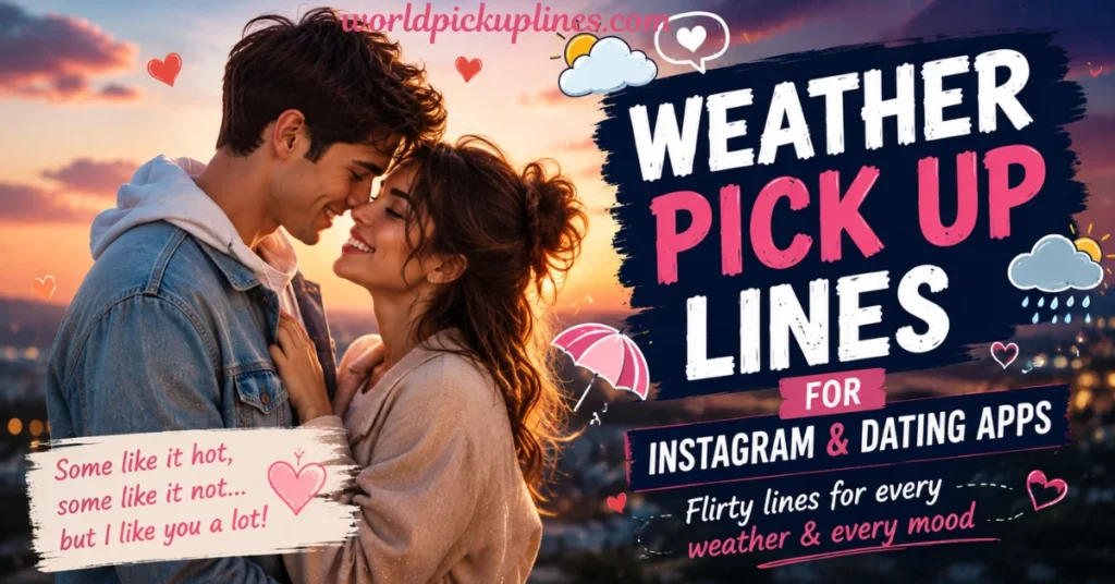 A smiling couple leaning close against a sunset backdrop next to graphic text reading "WEATHER PICK UP LINES FOR INSTAGRAM & DATING APPS."