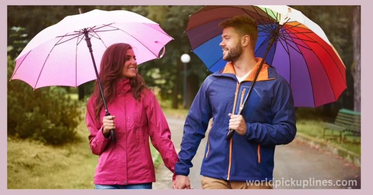A smiling man and woman holding hands and walking under colorful umbrellas in a park.