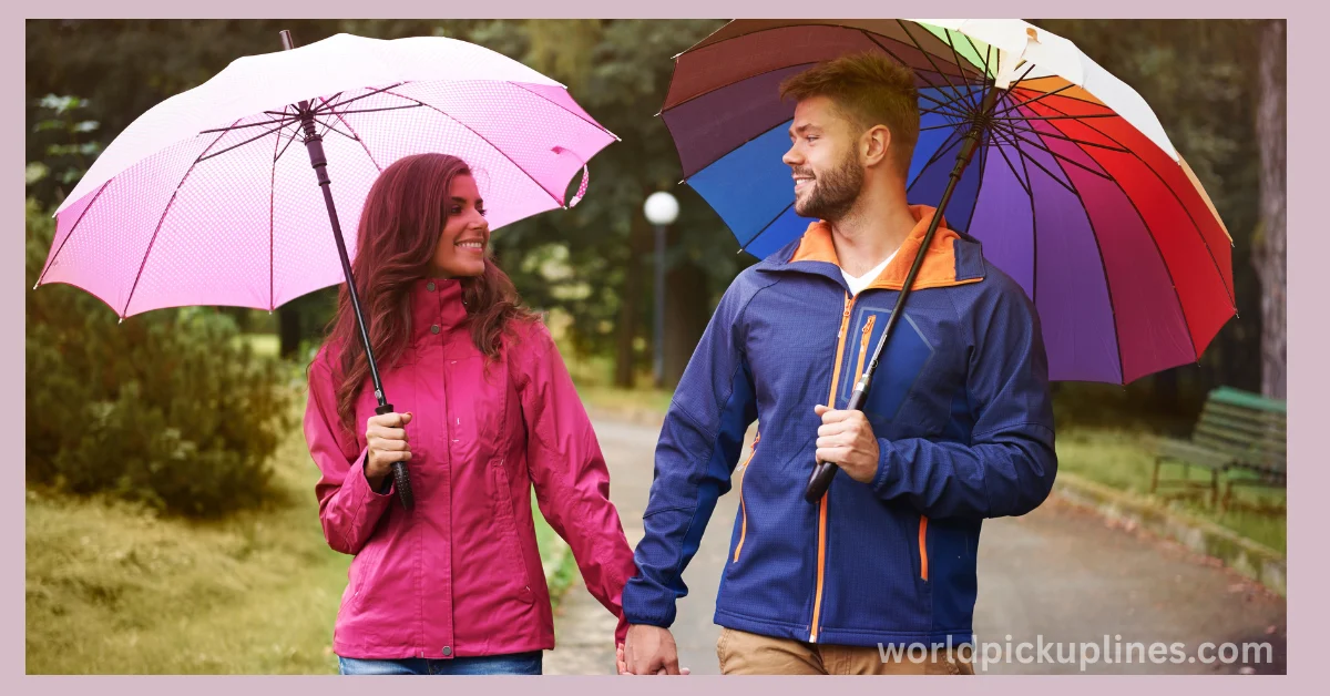 A smiling man and woman holding hands and walking under colorful umbrellas in a park.