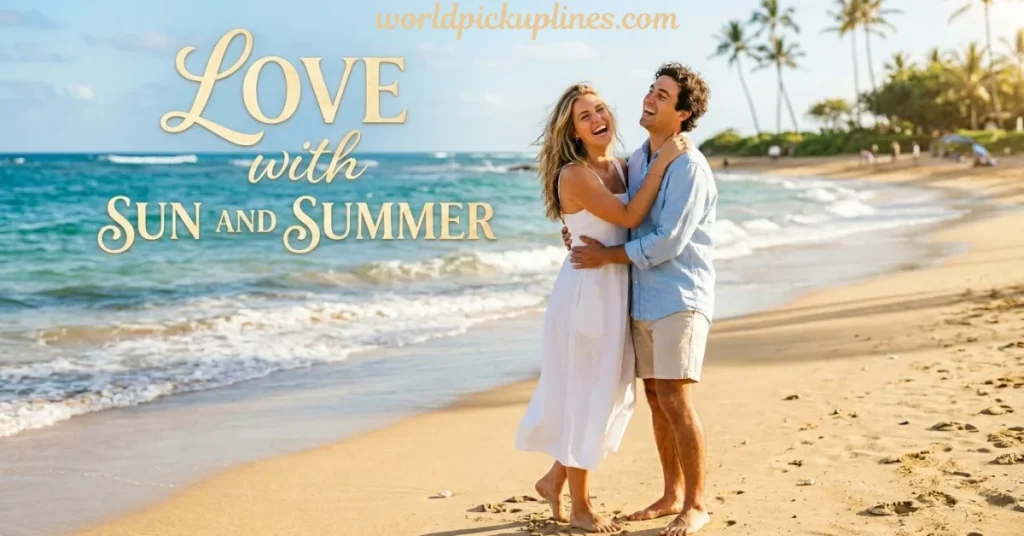 A laughing couple embracing barefoot on a sunny tropical beach next to styled text reading "Love with SUN AND SUMMER."