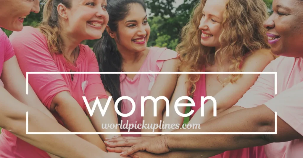 A group of smiling women in pink tops joining hands together in a circle, with white text reading "women."