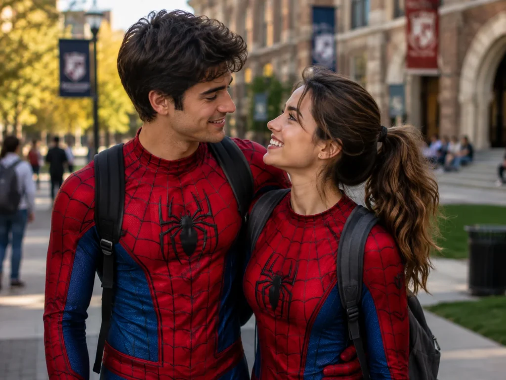A smiling couple wearing Spider-Man suits and backpacks gazing at each other on a college campus.
