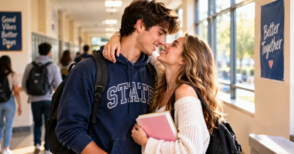 A smiling young couple embracing lovingly in a bright high school or college hallway lined with lockers and windows.