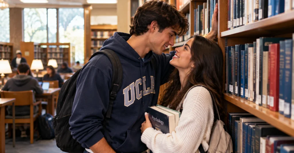A young couple leaning close to each other with warm smiles between bookshelves in a university library.