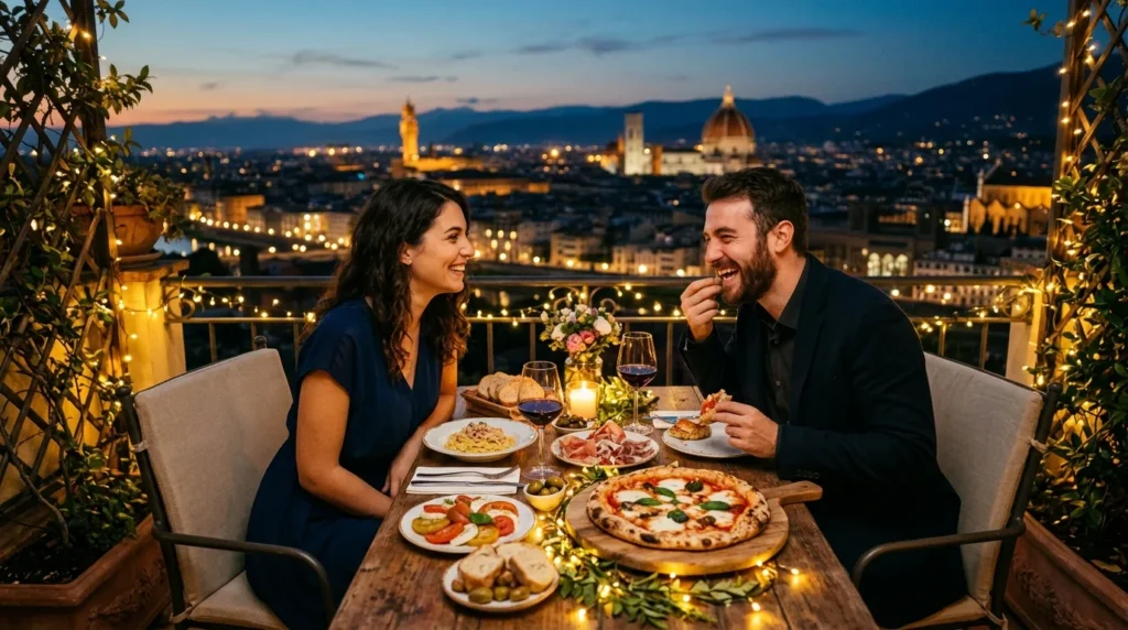 A smiling couple enjoys a romantic outdoor dinner filled with pizza, pasta, and wine on a balcony overlooking the illuminated Florence skyline at twilight.