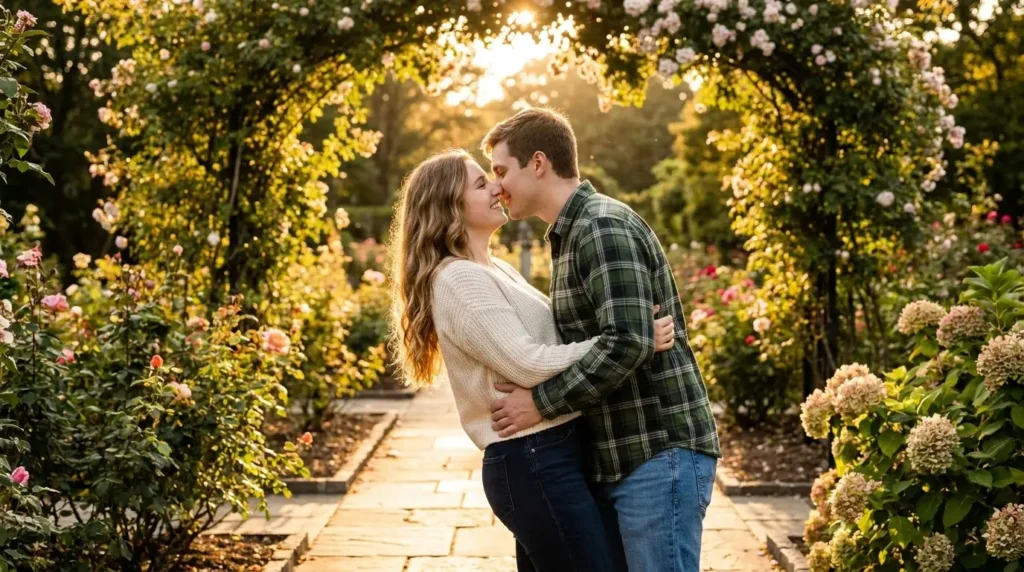A couple embracing and touching noses under a flower-covered archway in a sunlit garden.