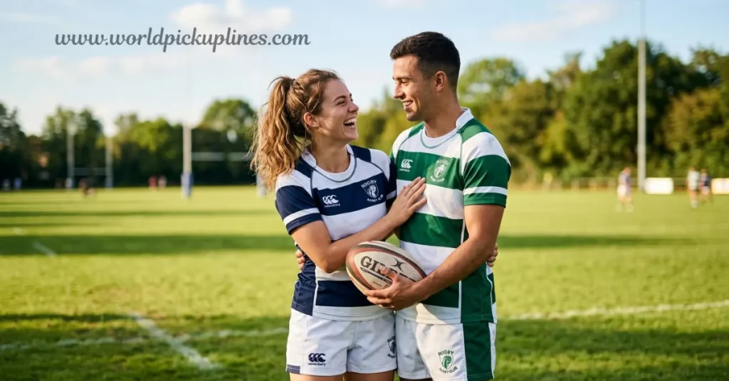 A smiling couple in striped rugby uniforms embrace on a grass field while holding a rugby ball together.