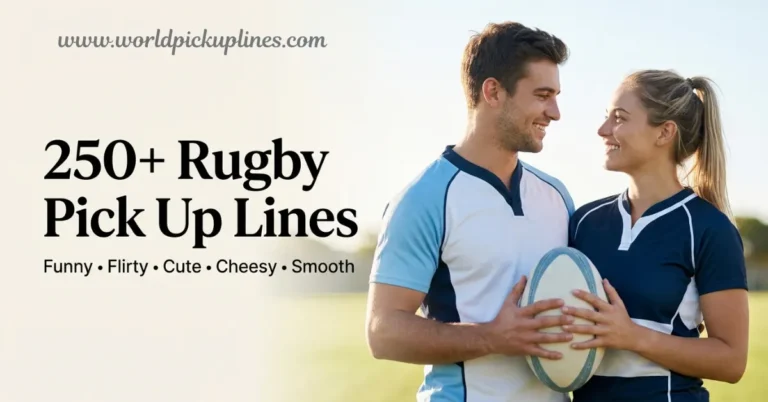 A man and a woman in athletic wear hold a rugby ball together while smiling at each other, beside text that reads "250+ Rugby Pick Up Lines."