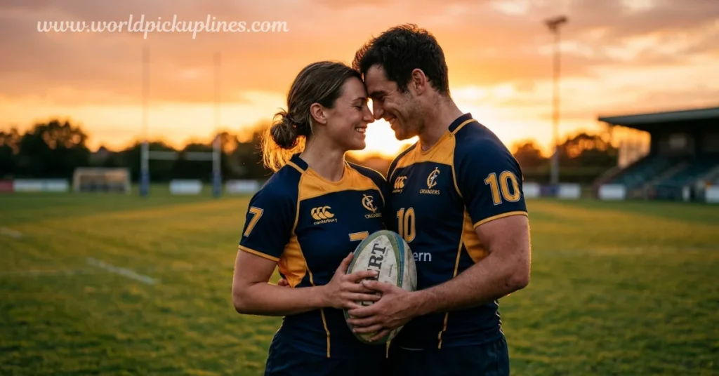 A couple in matching rugby jerseys lean their foreheads together while holding a rugby ball on a field at sunset.