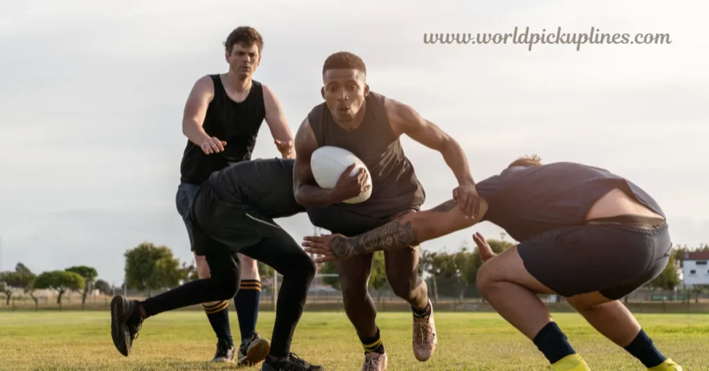 A player holds a rugby ball while dodging defenders on a grassy field during an outdoor match.