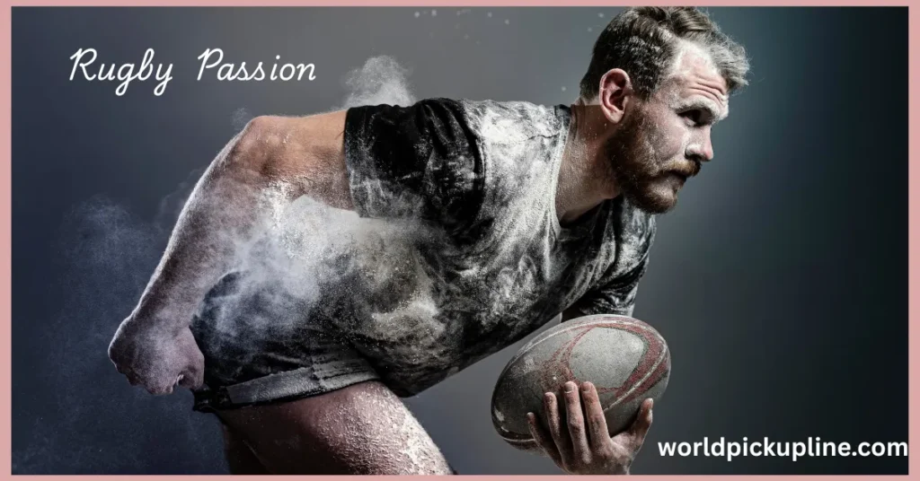 A bearded male rugby player covered in white chalk powder holds a rugby ball against a dark backdrop beside the text "Rugby Passion."