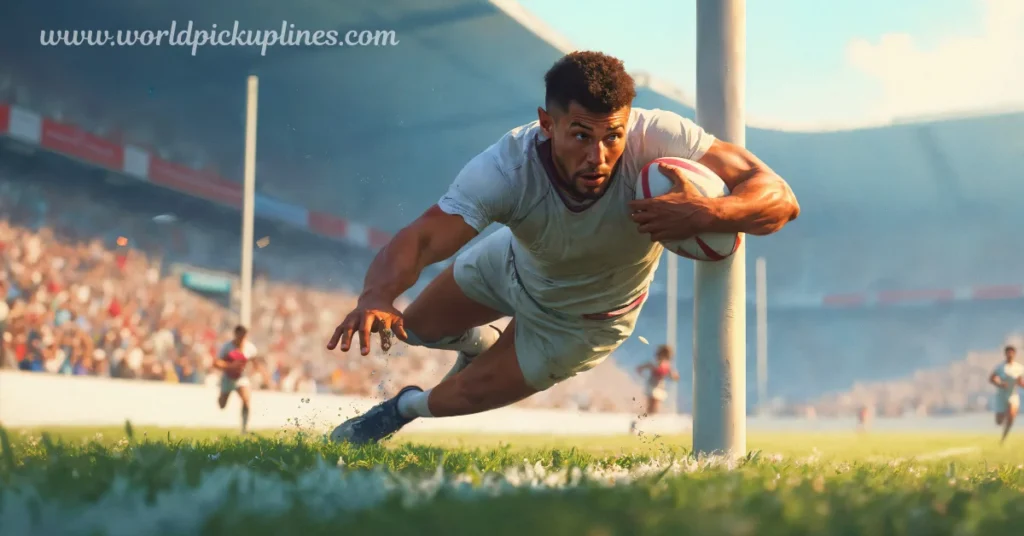 A male rugby player in a white uniform dives across the field holding a rugby ball toward the goal post in a crowded stadium.