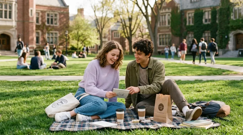 A young couple sitting together on a plaid blanket on a college campus lawn, smiling while looking at a notepad.