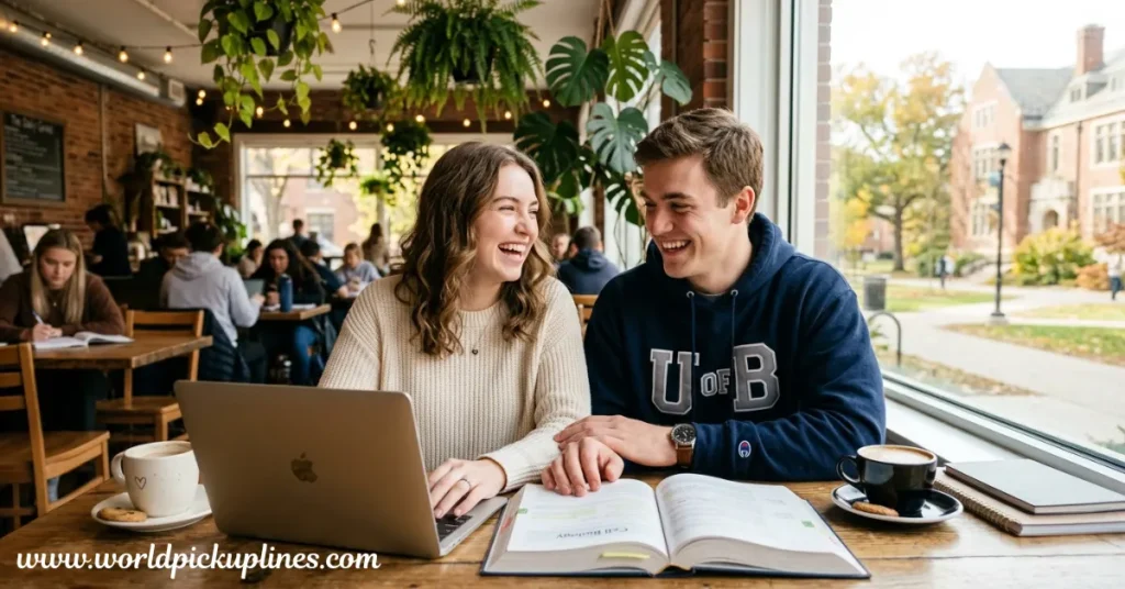 Two students sit together at a coffee shop table near a window, laughing over an open laptop and textbook with coffee cups nearby.