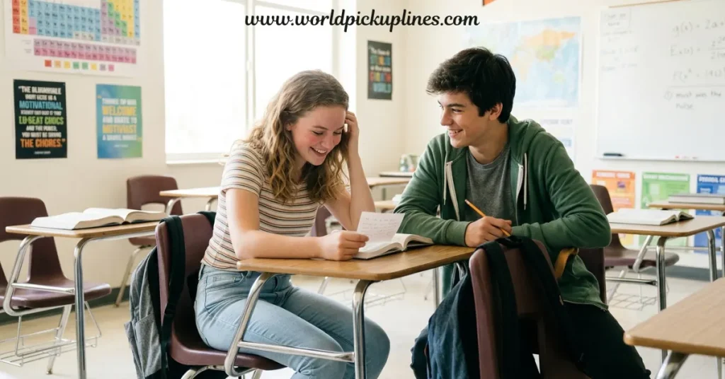 Two students sit at connected desks in a classroom, smiling as the girl reads a handwritten note handed to her by the boy.