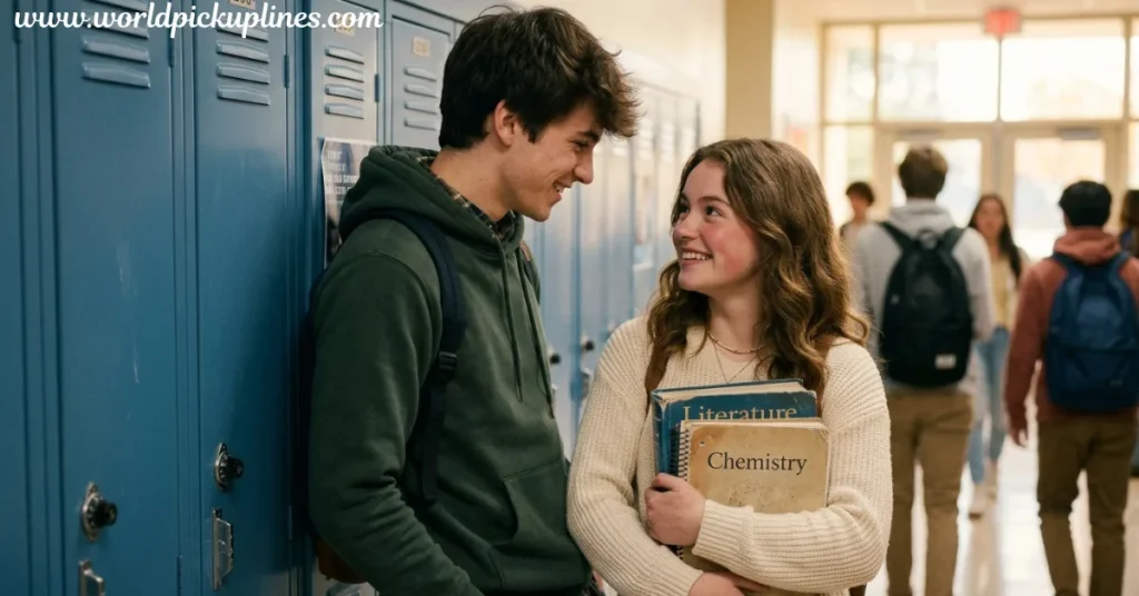 Two students talk and smile at each other by blue lockers in a school hallway, with one holding Literature and Chemistry textbooks.