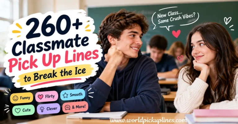 Two students smiling at each other in a classroom, with text reading "260+ Classmate Pick Up Lines to Break the Ice."