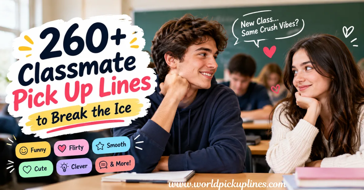 Two students smiling at each other in a classroom, with text reading "260+ Classmate Pick Up Lines to Break the Ice."