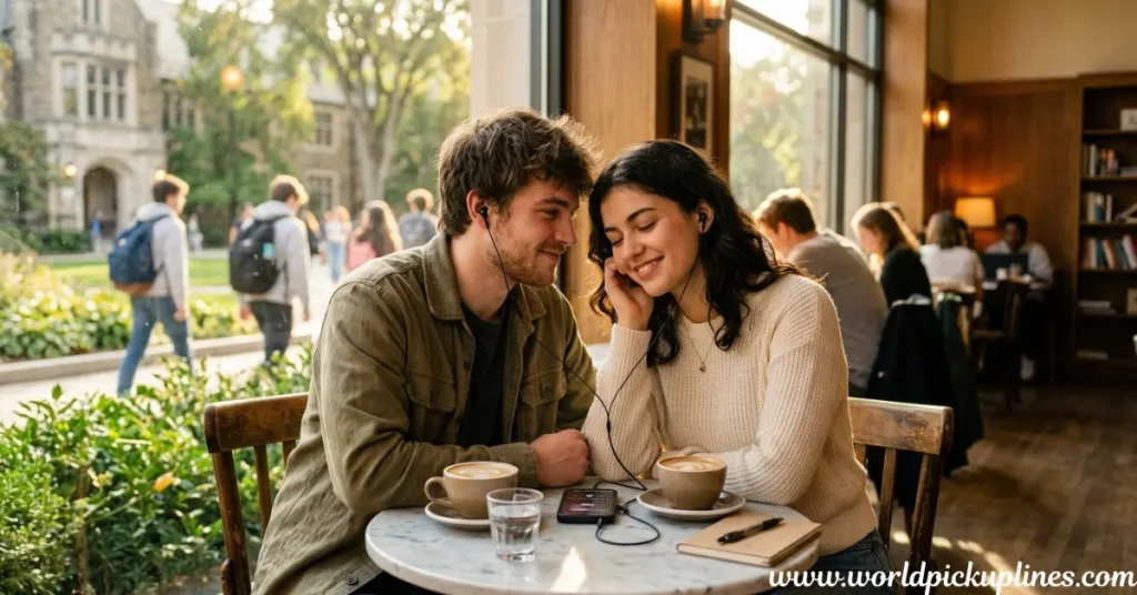 Two students sit close together at a small table inside a cafe near a window, sharing wired earphones connected to a phone while enjoying coffee.