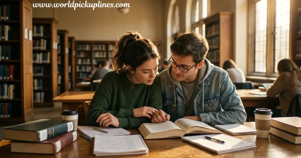 Two students sit close together at a wooden table in a library, studying an open textbook and taking notes surrounded by books and coffee cups.