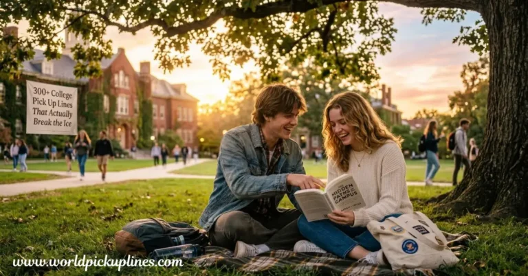 Two college students sitting together on a campus lawn, laughing as they look at an open book under a large tree.