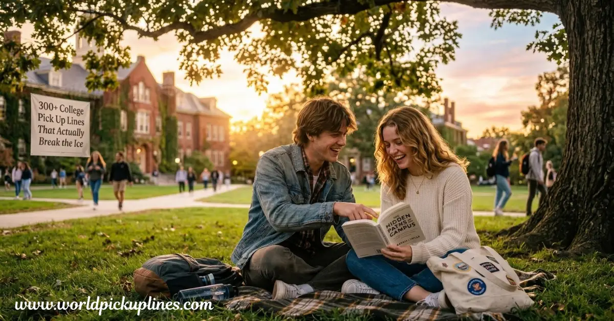 Two college students sitting together on a campus lawn, laughing as they look at an open book under a large tree.