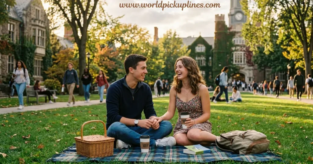 A smiling couple holding hands on a picnic blanket on a university campus lawn.