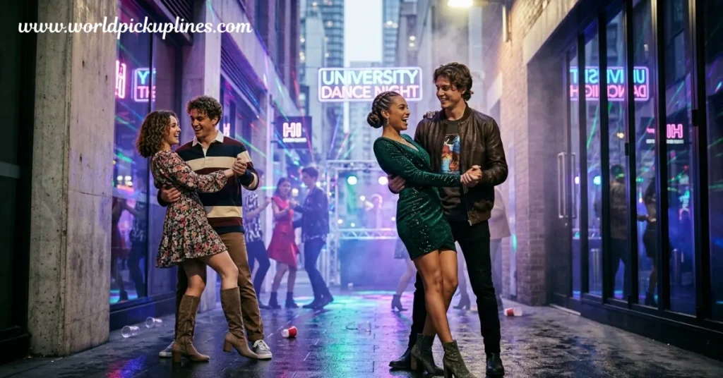 Two young couples dancing together in a brightly lit alleyway with neon signs and a background setup for a "University Dance Night," surrounded by colorful party lighting.
