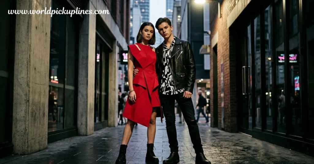 A stylish young couple posing together in a city alleyway, with the woman wearing an asymmetrical red dress and combat boots, and the man wearing a black leather jacket over a patterned shirt and dark jeans.