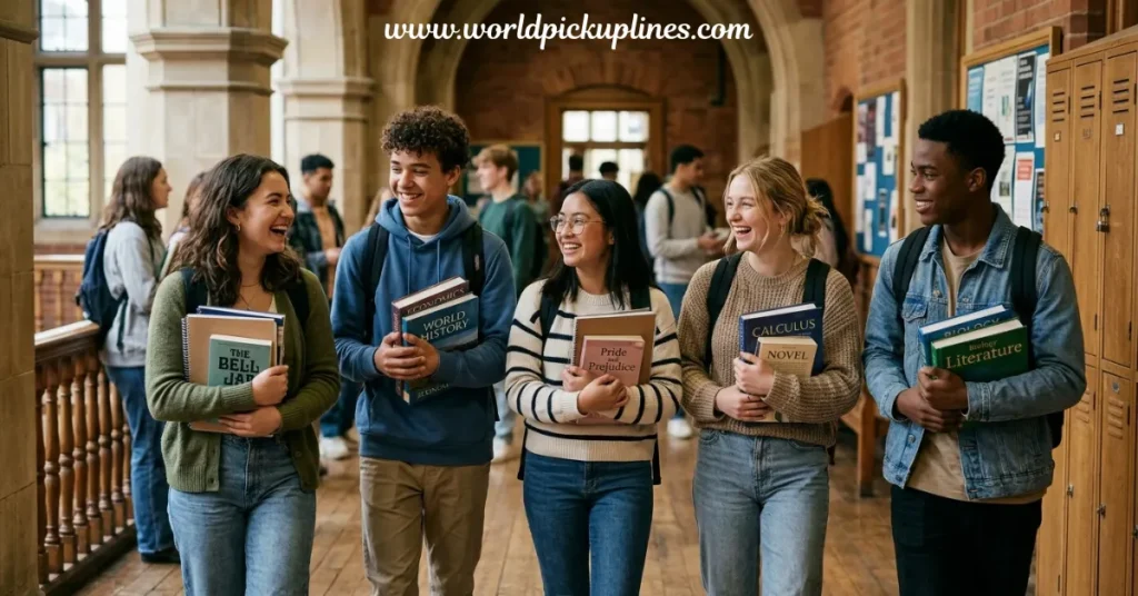 A group of college students holding various textbooks walking together down a stone-walled campus hallway.