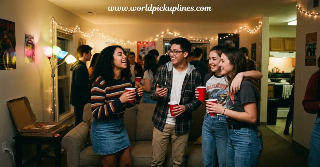 A group of young adults holding red plastic cups, laughing and chatting in a living room during a house party decorated with string lights.