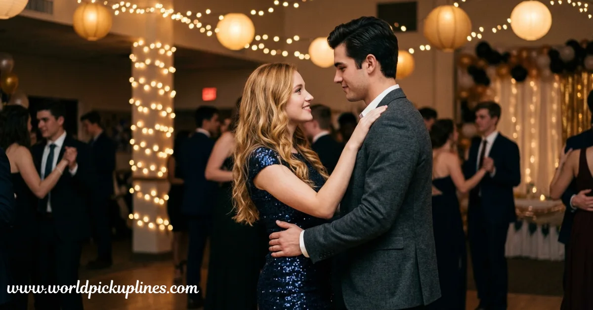 A young couple smiling at each other while slow dancing at a dimly lit formal party decorated with string lights and lanterns.