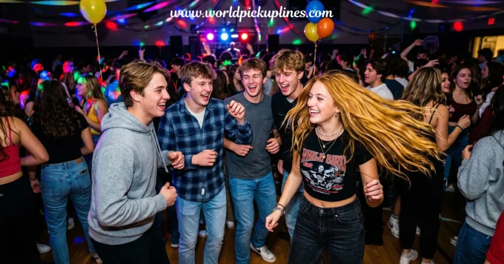 A lively group of young people dancing and smiling together in a crowded party venue lit with colourful party lights. In the foreground, a smiling young woman with long blonde hair tossed to the side wears a graphic t-shirt and jeans, surrounded by friends enjoying the music.