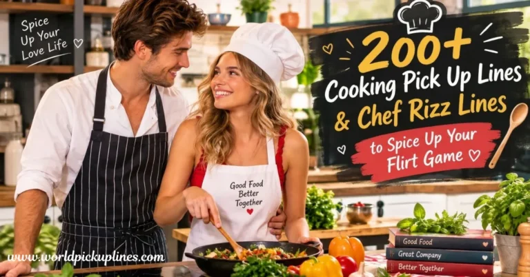 A smiling couple wearing aprons cooks together in a kitchen, next to overlay text reading "200+ Cooking Pick Up Lines & Chef Rizz Lines to Spice Up Your Flirt Game."