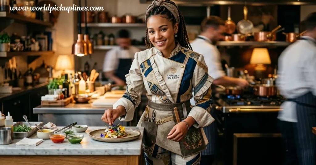 A smiling female chef in a detailed cream and blue uniform carefully garnishes a dish with edible flowers in a bustling restaurant kitchen.