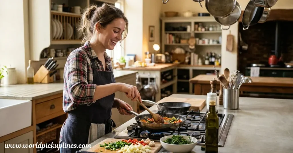 A smiling woman wearing a plaid shirt and apron stirs vegetables in a pan over a gas stove in a cozy, bright kitchen.