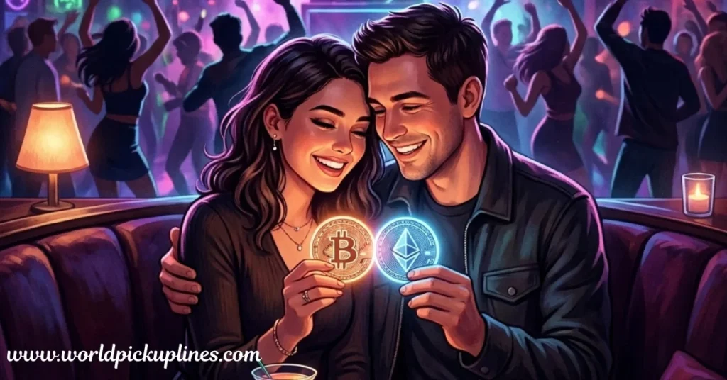An animated couple sitting together in a nightclub booth, smiling and holding up glowing Bitcoin and Ethereum crypto coins.