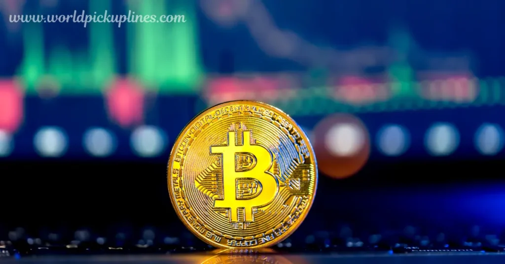 A single gold Bitcoin token standing upright against a blurred background of a digital trading chart screen.