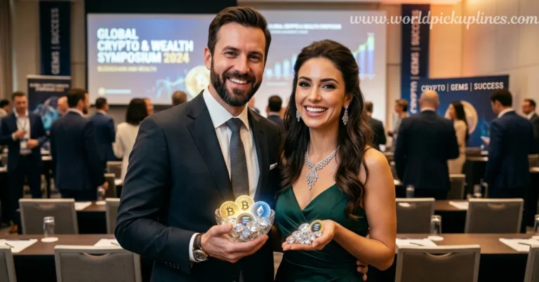 A well-dressed couple holding glowing cryptocurrency coins and diamonds at the Global Crypto & Wealth Symposium 2024.