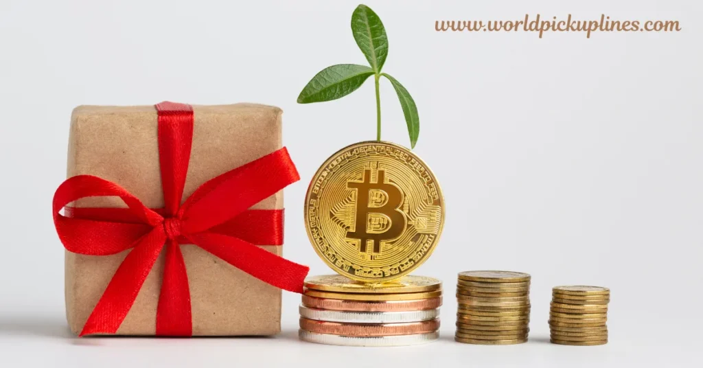 A small gift box tied with a red ribbon next to stacks of coins, with a gold Bitcoin token and a small green plant sprout resting on top.