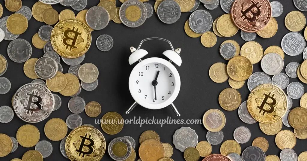 A small white alarm clock surrounded by a scattered collection of physical Bitcoin tokens and international fiat coins on a dark surface.